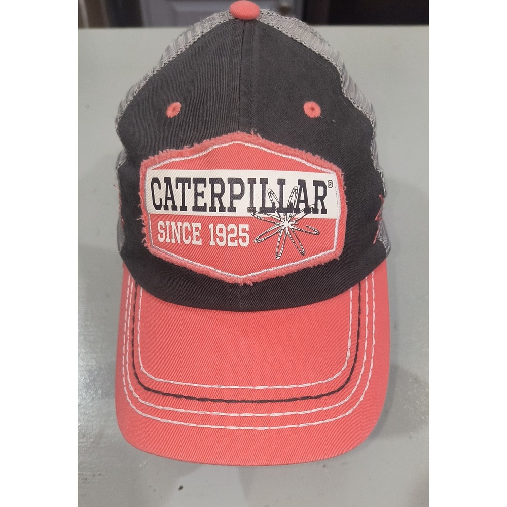 Caterpillar CAT Trucker Hat Grey Coral Pink Mesh Snapback Since 1925 Patch Cap